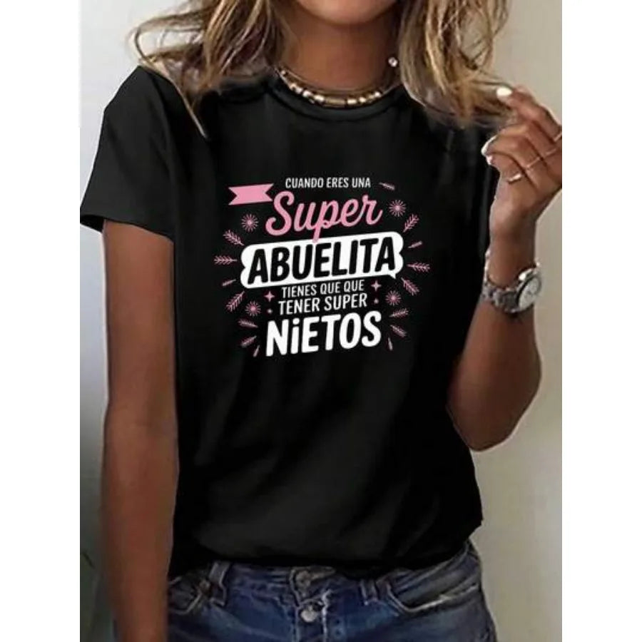 【New style】Women Funny Quote Super Abuelita Graphic T-Shirt Casual Crew Neck Short Sleeve Top For Spring Summer Gray With Pink