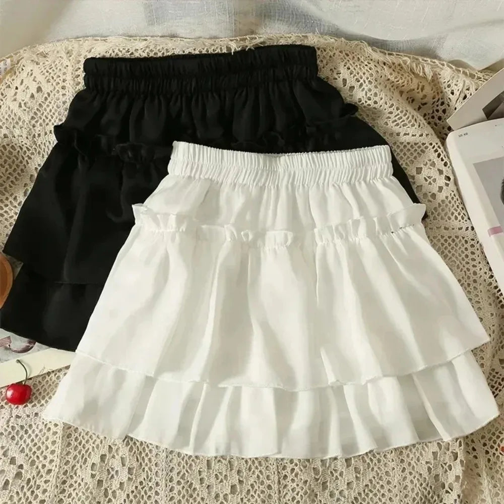 Summer Kawaii Pleated A-Line Skirt for Women White Ruffle Tiered Sweet Style Elastic Waist Summer Slim Korean Harajuku Dress