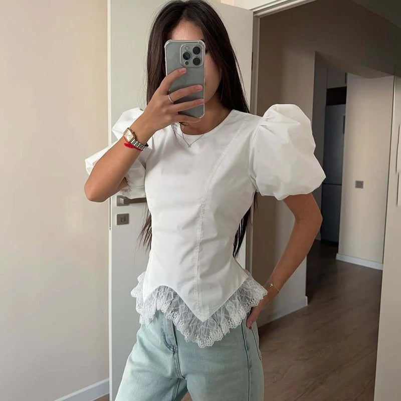 Puff Sleeve Lace Splice T Shirt Women Fashion Lace Up Short Sleeve Summer Slim Casual Commute