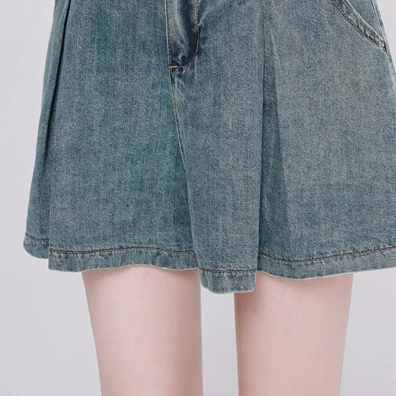 Korean Casual High Waisted Pleated Denim Shorts For Women Spring Summer Baggy Jeans Shorts Y2k  A-Line Wide Leg Jeans