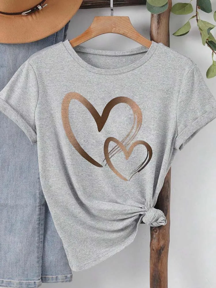 Summer New Fashion Women's Heart Printed T-shirt Trendy Casual Round Neck Top Short Sleeves Women T-shirt Women Clothing