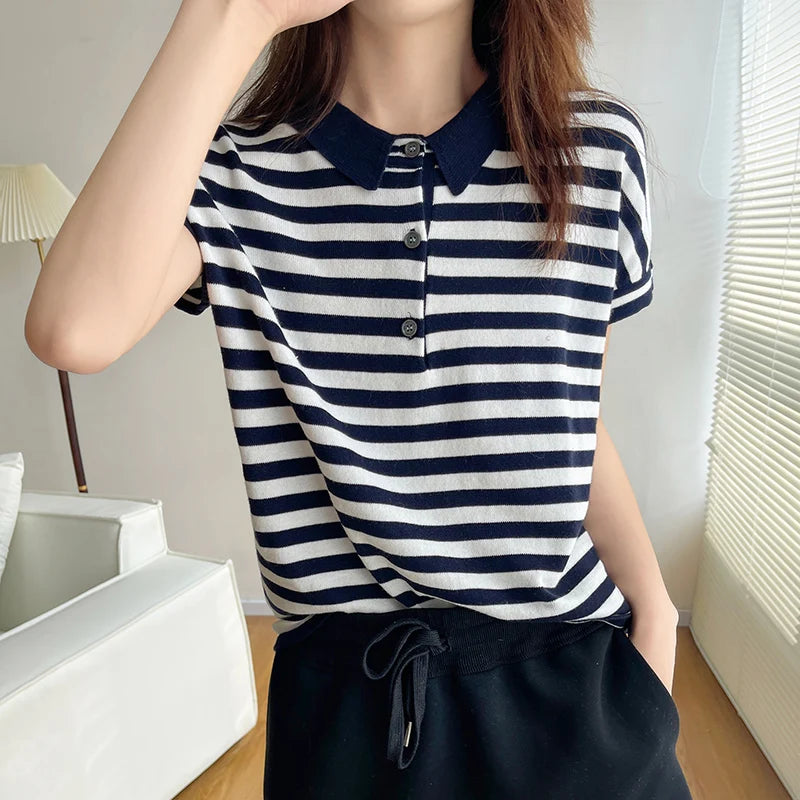 100% pure cotton short sleeved T-shirt women's summer Korean version new polo collar striped knitted sweater loose top