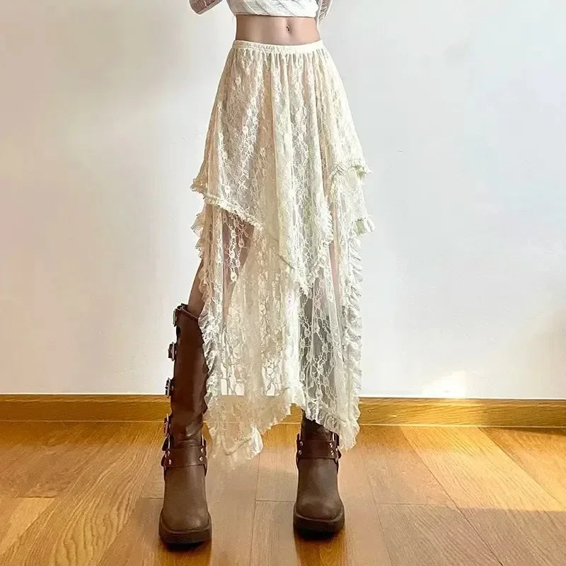 Fairycore Lace Asymmetrical Skirt Women 2026 High Waist Vintage Y2K Boho Aesthetic Midi Skirt Summer Holiday Beach Outfits