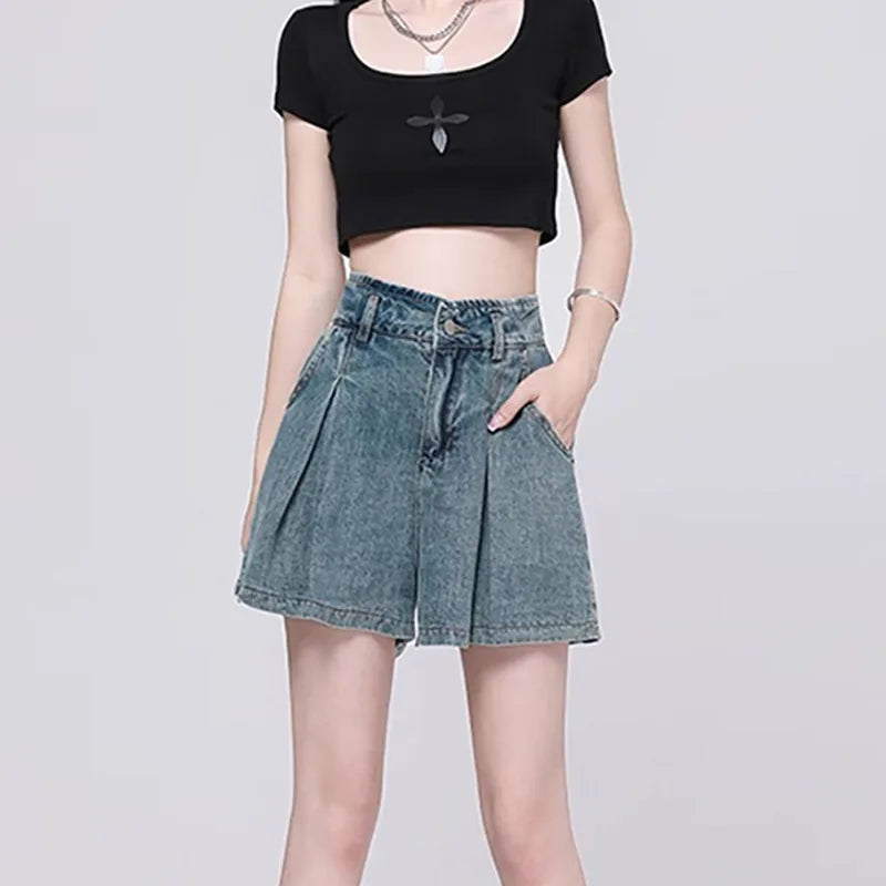Korean Casual High Waisted Pleated Denim Shorts For Women Spring Summer Baggy Jeans Shorts Y2k  A-Line Wide Leg Jeans