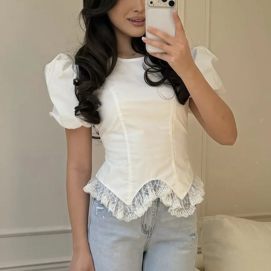 Puff Sleeve Lace Splice T Shirt Women Fashion Lace Up Short Sleeve Summer Slim Casual Commute