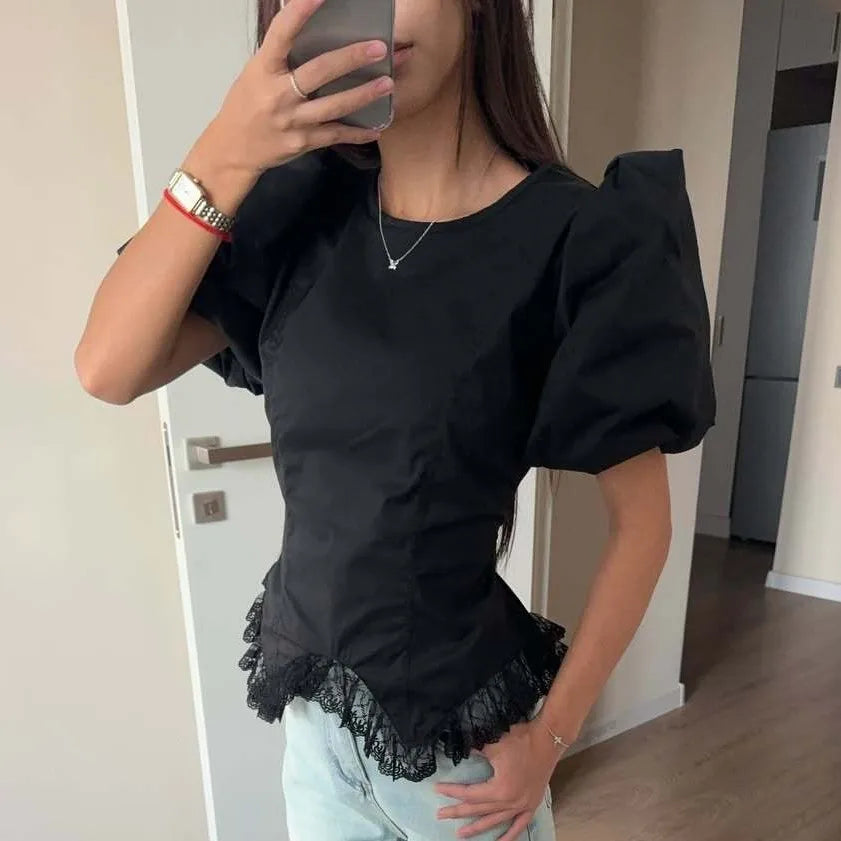Puff Sleeve Lace Splice T Shirt Women Fashion Lace Up Short Sleeve Summer Slim Casual Commute