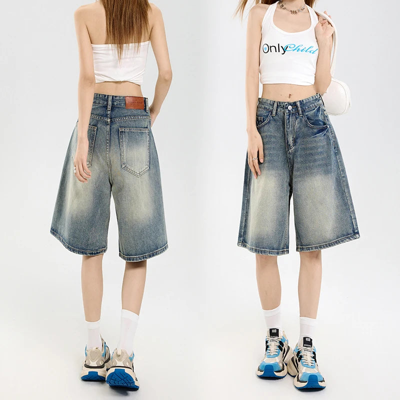 2026 Korean Street Casual Y2K Loose Wide-leg Denim Shorts Five-point Baggy Jeans Women's All-match Straight Summer Hot Shorts
