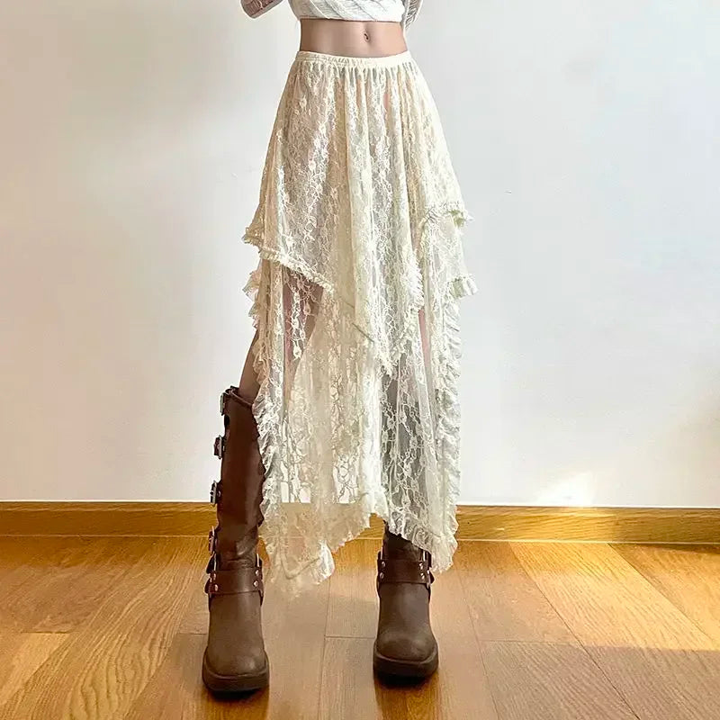 Fairycore Lace Asymmetrical Skirt Women 2026 High Waist Vintage Y2K Boho Aesthetic Midi Skirt Summer Holiday Beach Outfits