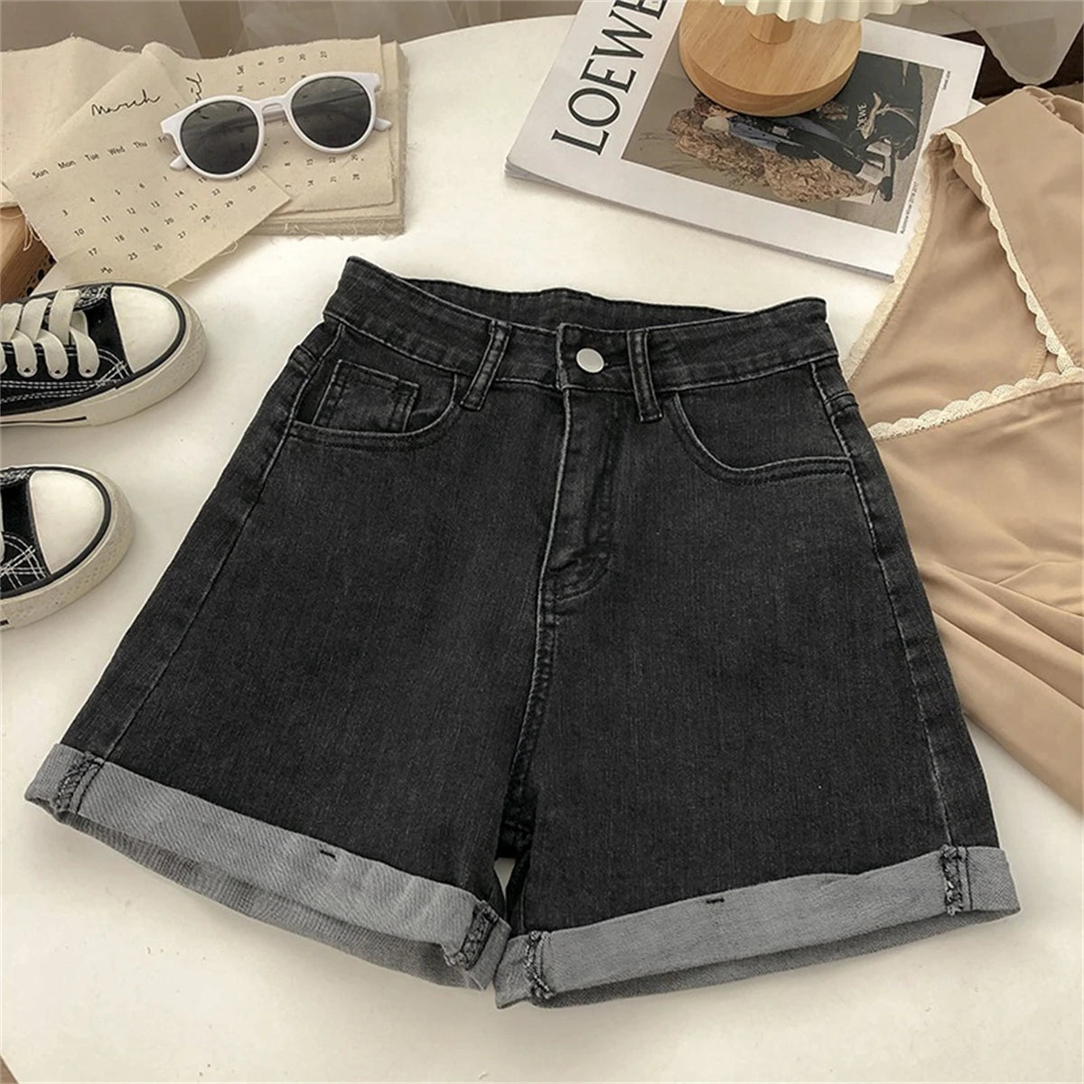 High Waist Wide Leg Short Jeans Women's Summer Loose Pocket Korean Style A-Line Casual Hot Pants Blue Denim Shorts Streetwear