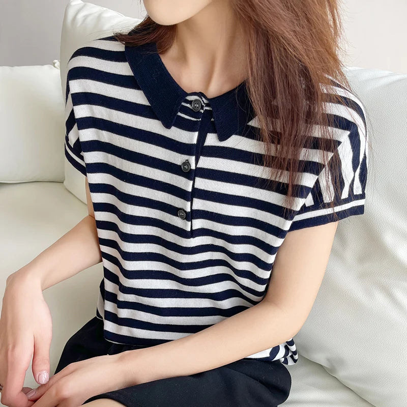 100% pure cotton short sleeved T-shirt women's summer Korean version new polo collar striped knitted sweater loose top