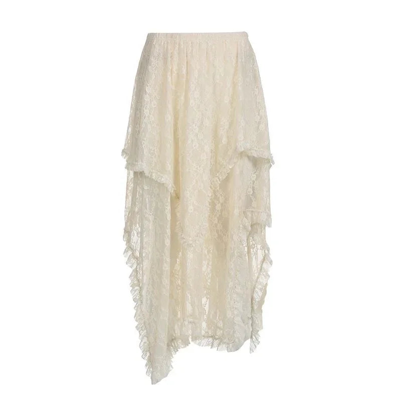 Fairycore Lace Asymmetrical Skirt Women 2026 High Waist Vintage Y2K Boho Aesthetic Midi Skirt Summer Holiday Beach Outfits
