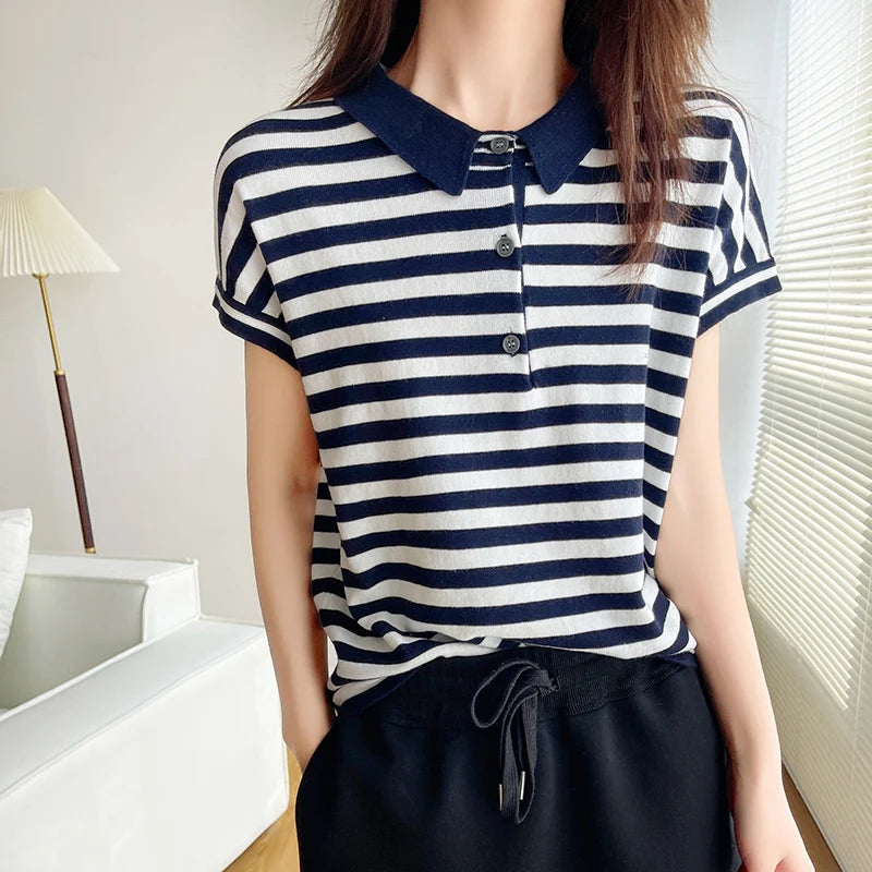 100% pure cotton short sleeved T-shirt women's summer Korean version new polo collar striped knitted sweater loose top