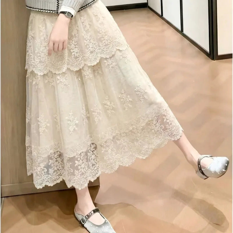 Women's Lace Floral Embroidered Tiered Maxi Skirt Casual High Waist A-line Skirt