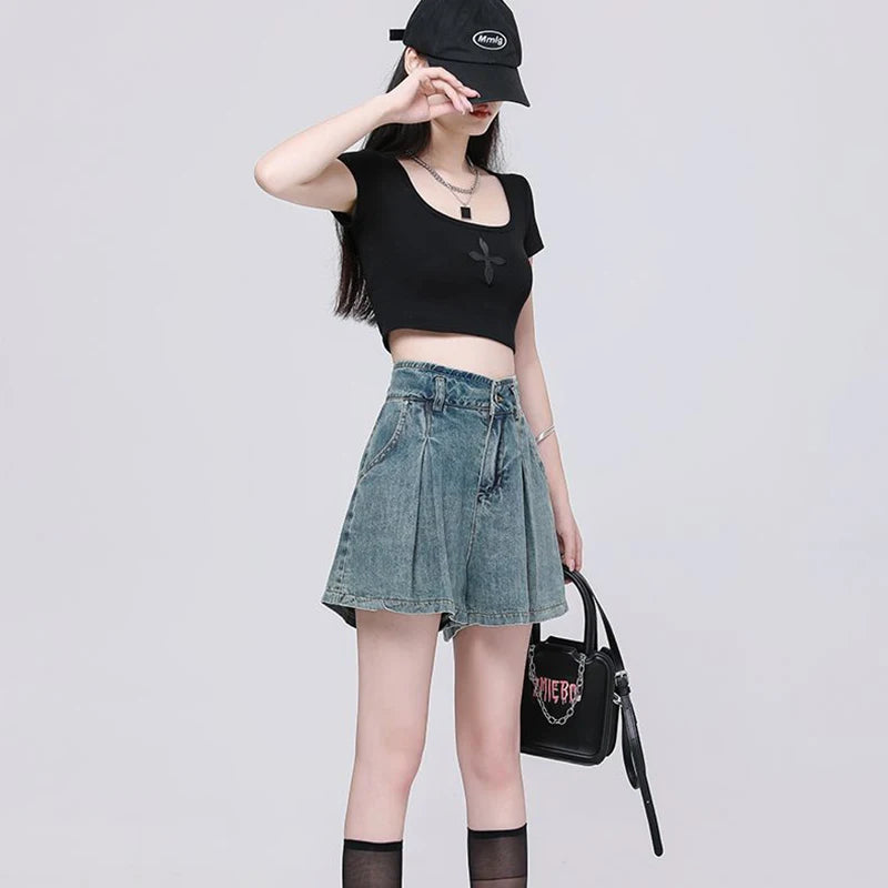 Korean Casual High Waisted Pleated Denim Shorts For Women Spring Summer Baggy Jeans Shorts Y2k  A-Line Wide Leg Jeans