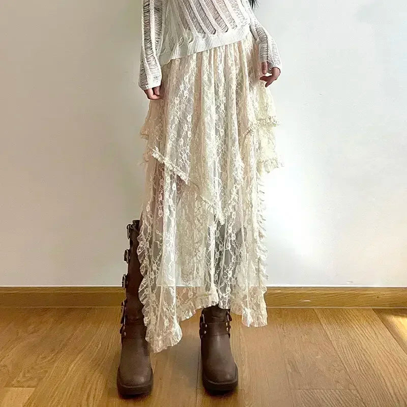 Fairycore Lace Asymmetrical Skirt Women 2026 High Waist Vintage Y2K Boho Aesthetic Midi Skirt Summer Holiday Beach Outfits