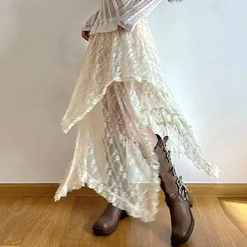 Fairycore Lace Asymmetrical Skirt Women 2026 High Waist Vintage Y2K Boho Aesthetic Midi Skirt Summer Holiday Beach Outfits
