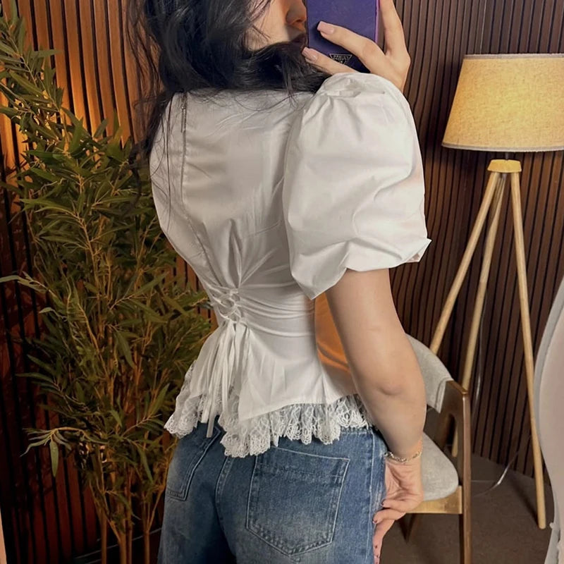 Puff Sleeve Lace Splice T Shirt Women Fashion Lace Up Short Sleeve Summer Slim Casual Commute