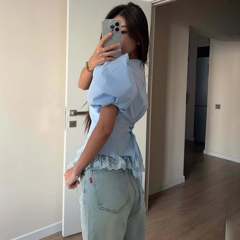 Puff Sleeve Lace Splice T Shirt Women Fashion Lace Up Short Sleeve Summer Slim Casual Commute