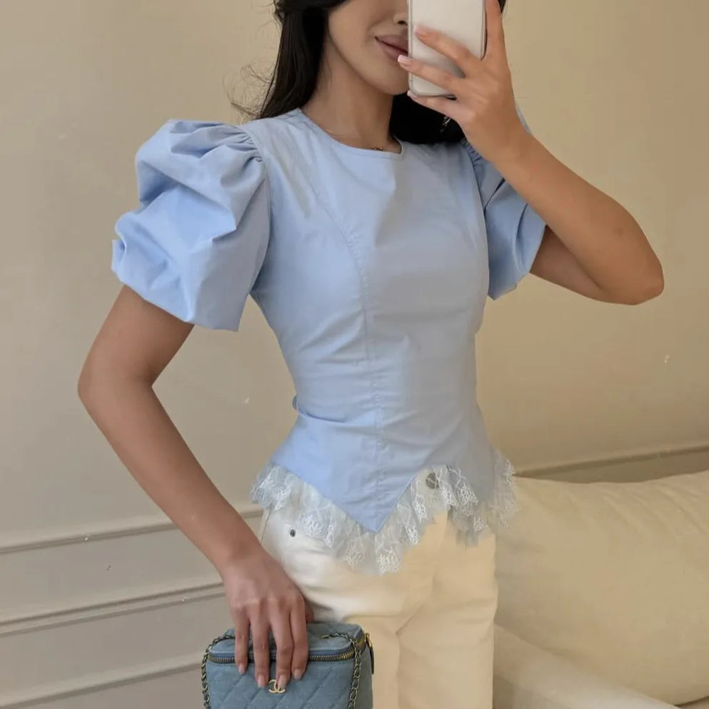 Puff Sleeve Lace Splice T Shirt Women Fashion Lace Up Short Sleeve Summer Slim Casual Commute
