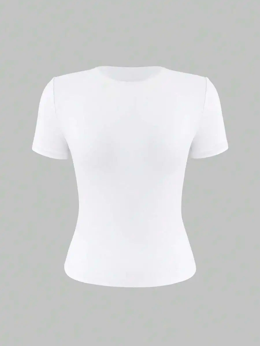 Women's White Short Sleeve Crew Neck Fitted Solid T-Shirt with Ruched Detail