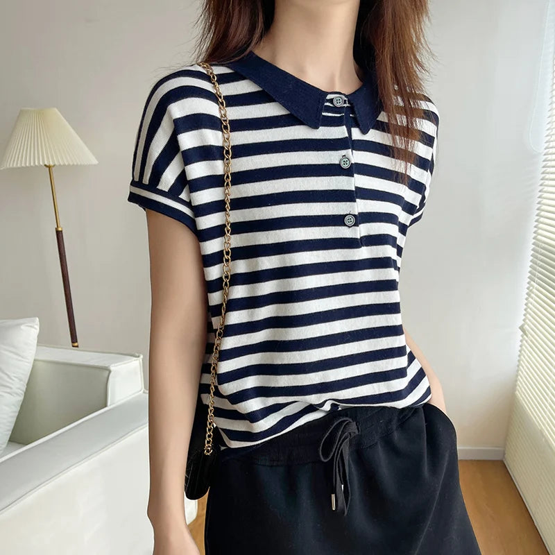 100% pure cotton short sleeved T-shirt women's summer Korean version new polo collar striped knitted sweater loose top