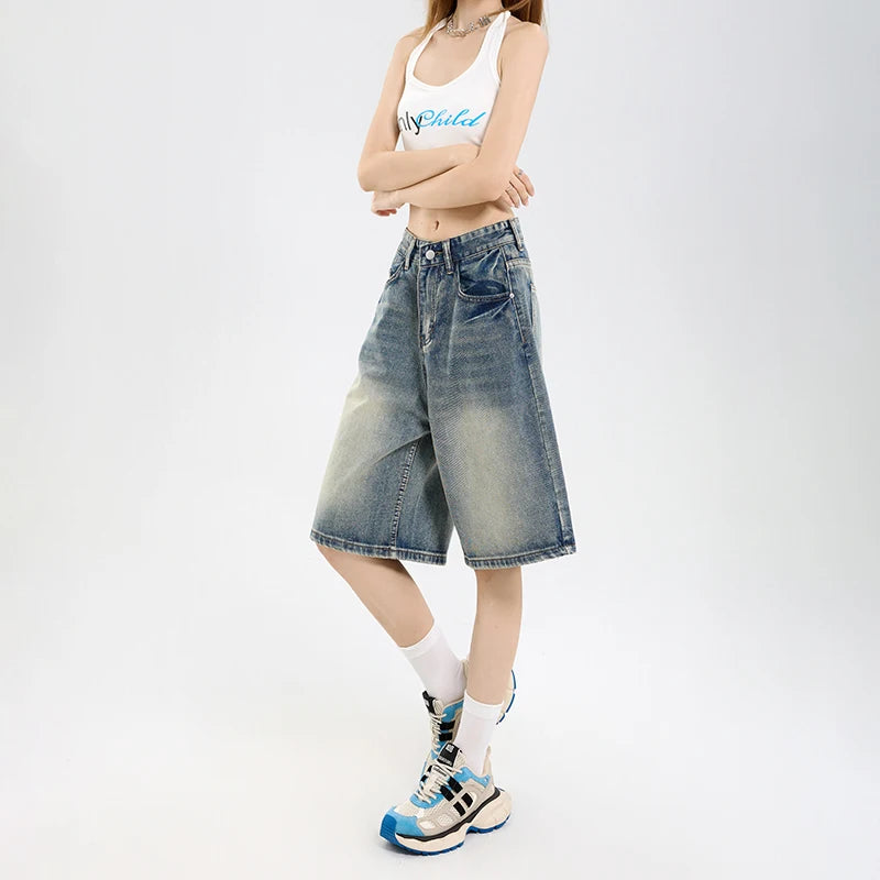 2026 Korean Street Casual Y2K Loose Wide-leg Denim Shorts Five-point Baggy Jeans Women's All-match Straight Summer Hot Shorts
