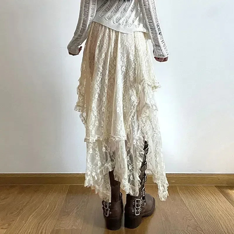 Fairycore Lace Asymmetrical Skirt Women 2026 High Waist Vintage Y2K Boho Aesthetic Midi Skirt Summer Holiday Beach Outfits
