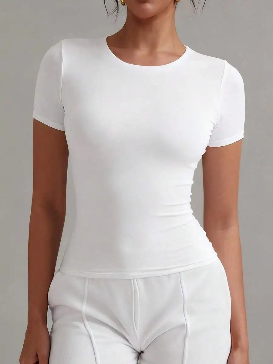 Women's White Short Sleeve Crew Neck Fitted Solid T-Shirt with Ruched Detail