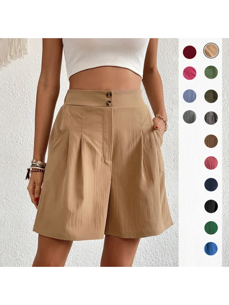 Pinkycolor Fashion Summer Women Solid Color Double Button High Waisted Comfortable Straight Cylinder Loose Multicolor Shorts