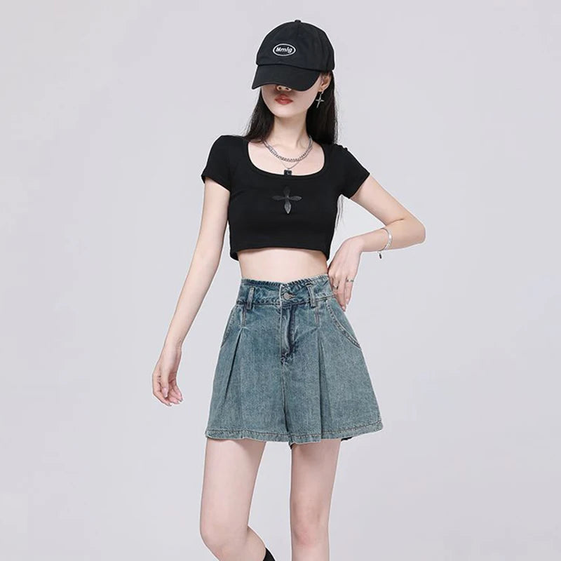 Korean Casual High Waisted Pleated Denim Shorts For Women Spring Summer Baggy Jeans Shorts Y2k  A-Line Wide Leg Jeans