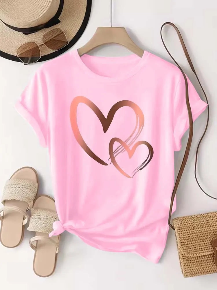 Summer New Fashion Women's Heart Printed T-shirt Trendy Casual Round Neck Top Short Sleeves Women T-shirt Women Clothing