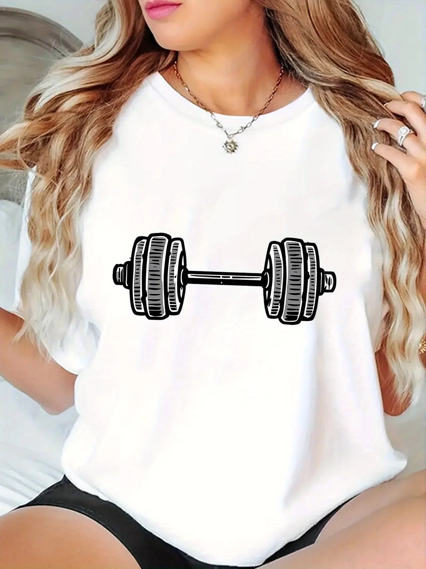 WomenS Casual Fitness T-Shirt with Dumbbell Graphic Brown Short Sleeve Round Neck Comfortable Summer Top
