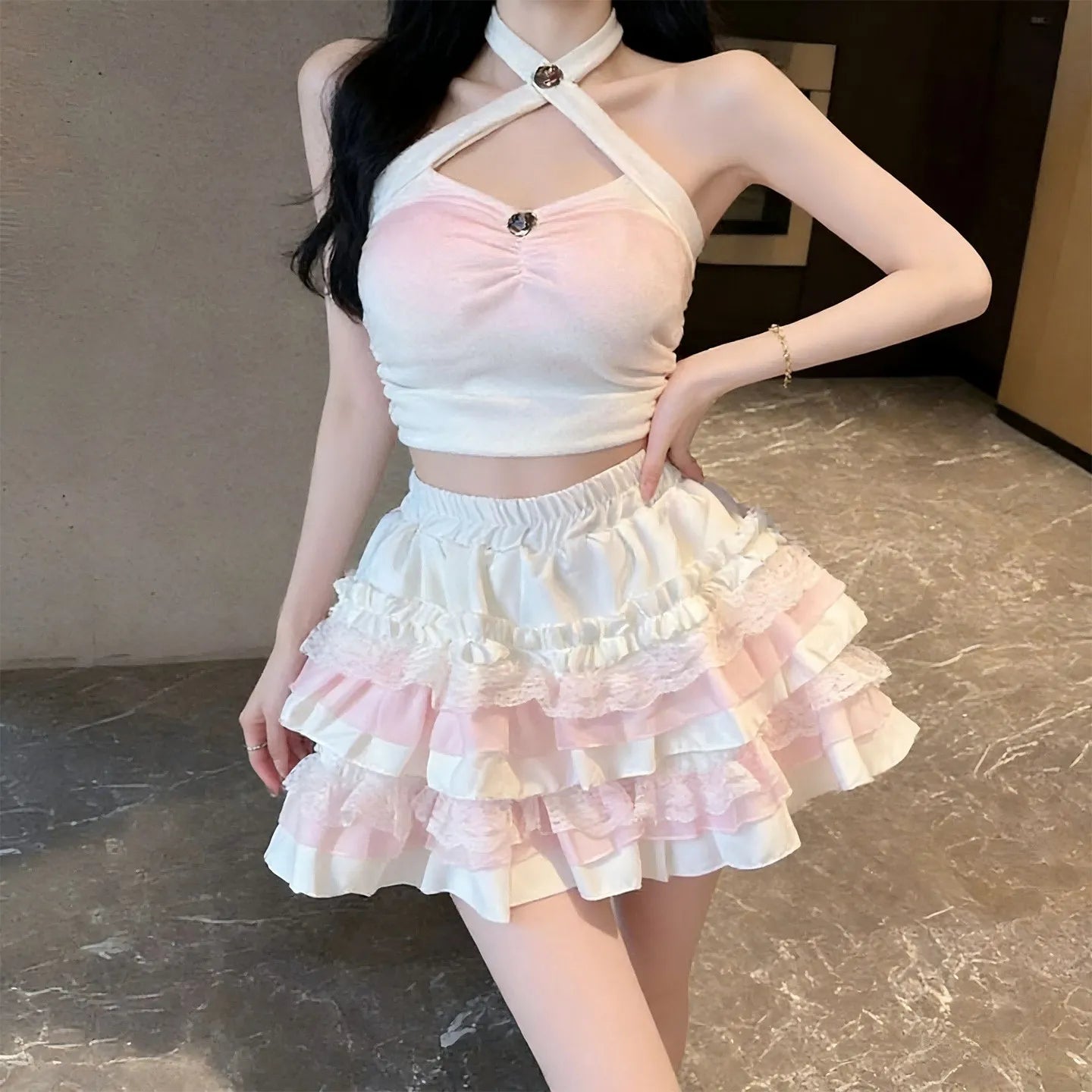Lolita Tiered Ruffle Mini Skirt with Lace Trim Kawaii Cake Skirt Women Sweet Pink Skort Coquette Fairycore Soft Girls Cute Y2K