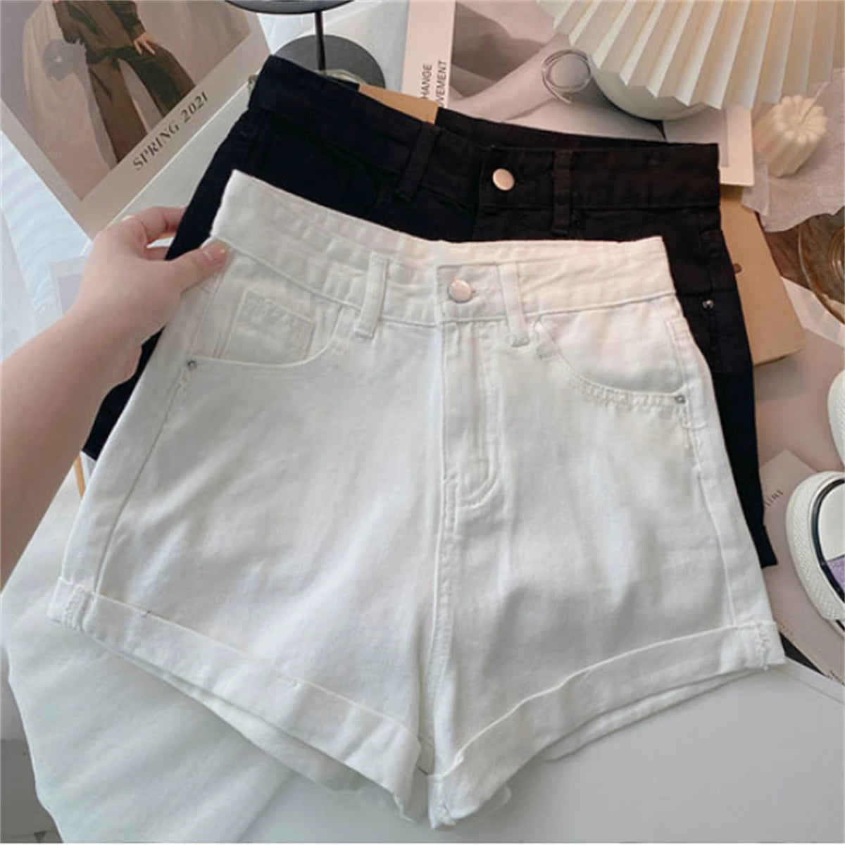 High Waist Wide Leg Short Jeans Women's Summer Loose Pocket Korean Style A-Line Casual Hot Pants Blue Denim Shorts Streetwear