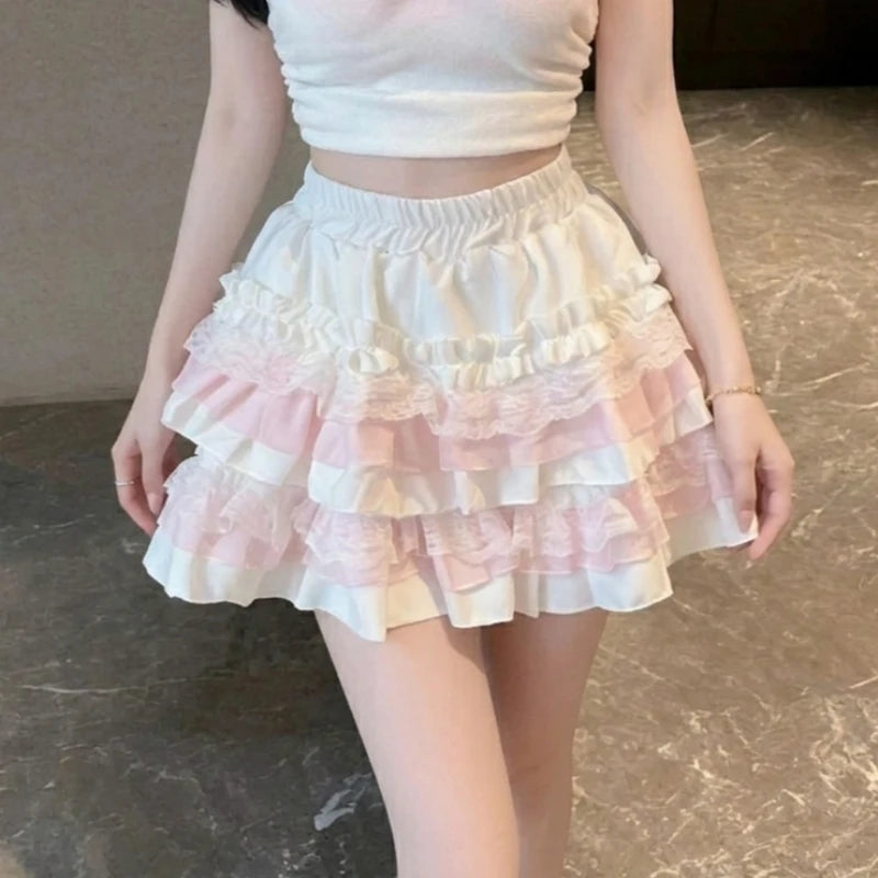 Lolita Tiered Ruffle Mini Skirt with Lace Trim Kawaii Cake Skirt Women Sweet Pink Skort Coquette Fairycore Soft Girls Cute Y2K