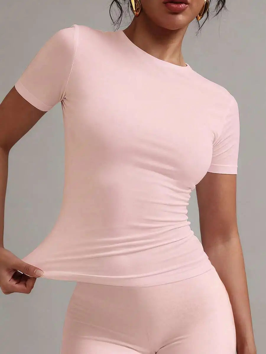 Women's White Short Sleeve Crew Neck Fitted Solid T-Shirt with Ruched Detail