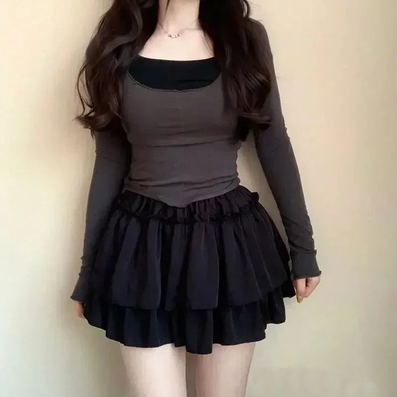 Summer Kawaii Pleated A-Line Skirt for Women White Ruffle Tiered Sweet Style Elastic Waist Summer Slim Korean Harajuku Dress