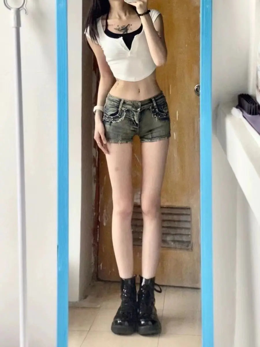 New Woman Designer Low Waist Punk Jeans Girls Aesthetic Elastic High Street Mini Pants Female Sexy Nightclub Summer Denim Shorts
