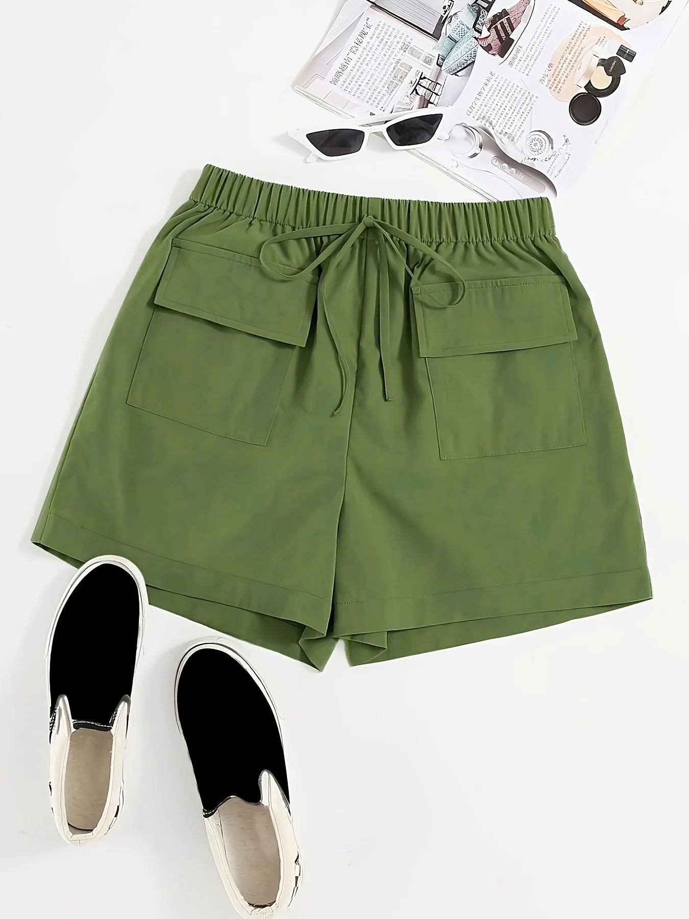 Olive drab Women's Oversized Woven Solid Color Casual Shorts Comfortable Loose Fit High Waist Knee-Length Summer Fashion Olive d