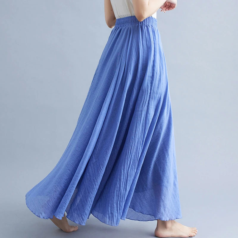 new 2020 Women Linen Cotton Long Skirts Elastic Waist Pleated Maxi Skirts Beach Boho Vintage Summer Skirts Faldas Saia