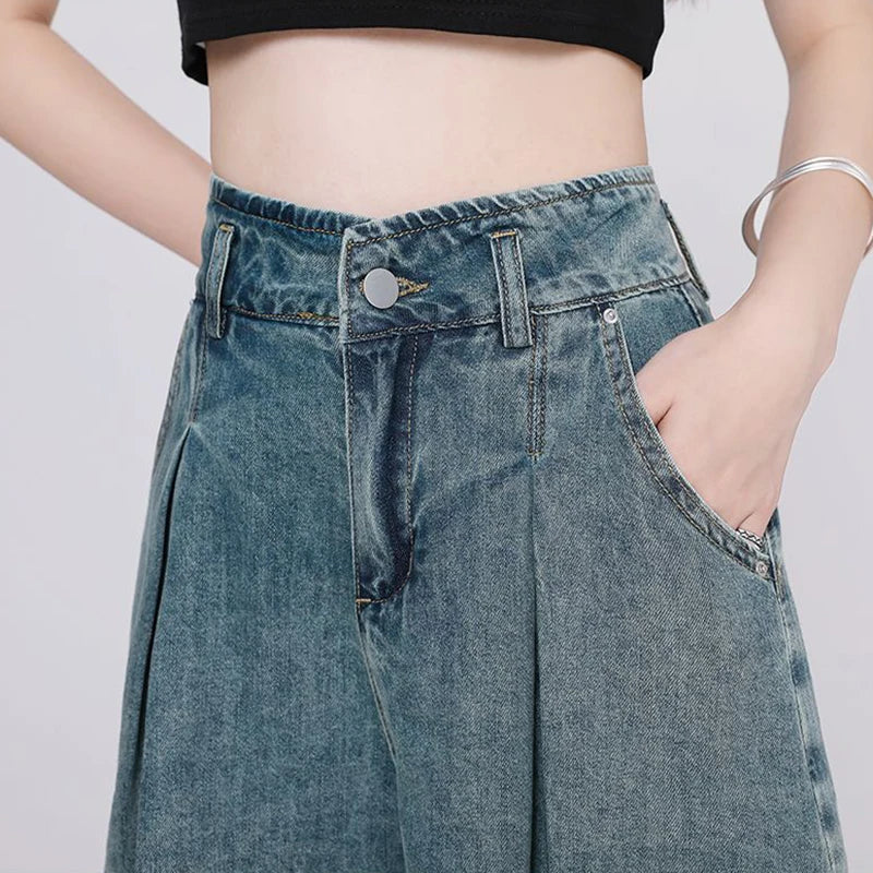 Korean Casual High Waisted Pleated Denim Shorts For Women Spring Summer Baggy Jeans Shorts Y2k  A-Line Wide Leg Jeans