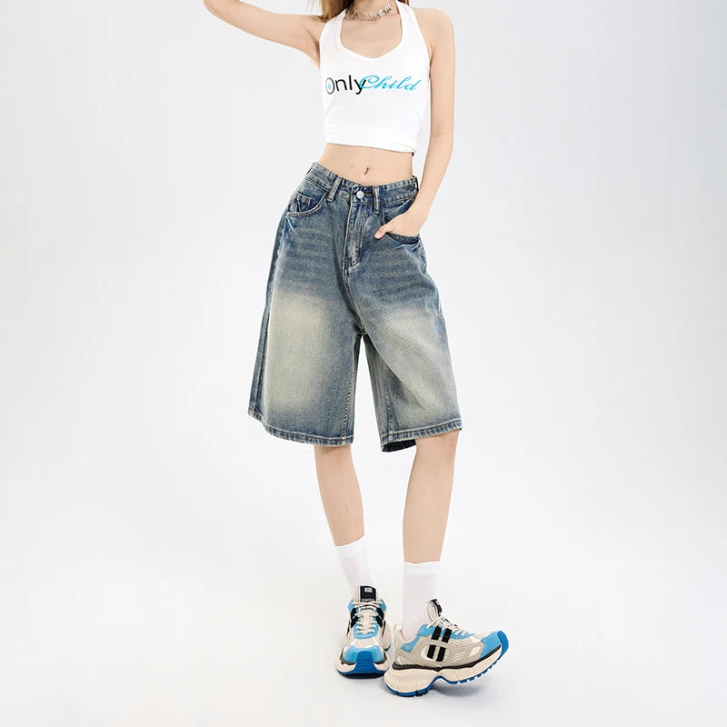 2026 Korean Street Casual Y2K Loose Wide-leg Denim Shorts Five-point Baggy Jeans Women's All-match Straight Summer Hot Shorts