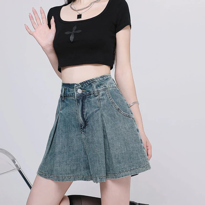 Korean Casual High Waisted Pleated Denim Shorts For Women Spring Summer Baggy Jeans Shorts Y2k  A-Line Wide Leg Jeans