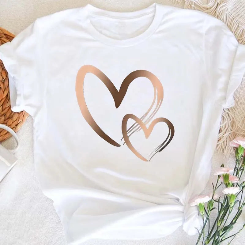 Summer New Fashion Women's Heart Printed T-shirt Trendy Casual Round Neck Top Short Sleeves Women T-shirt Women Clothing