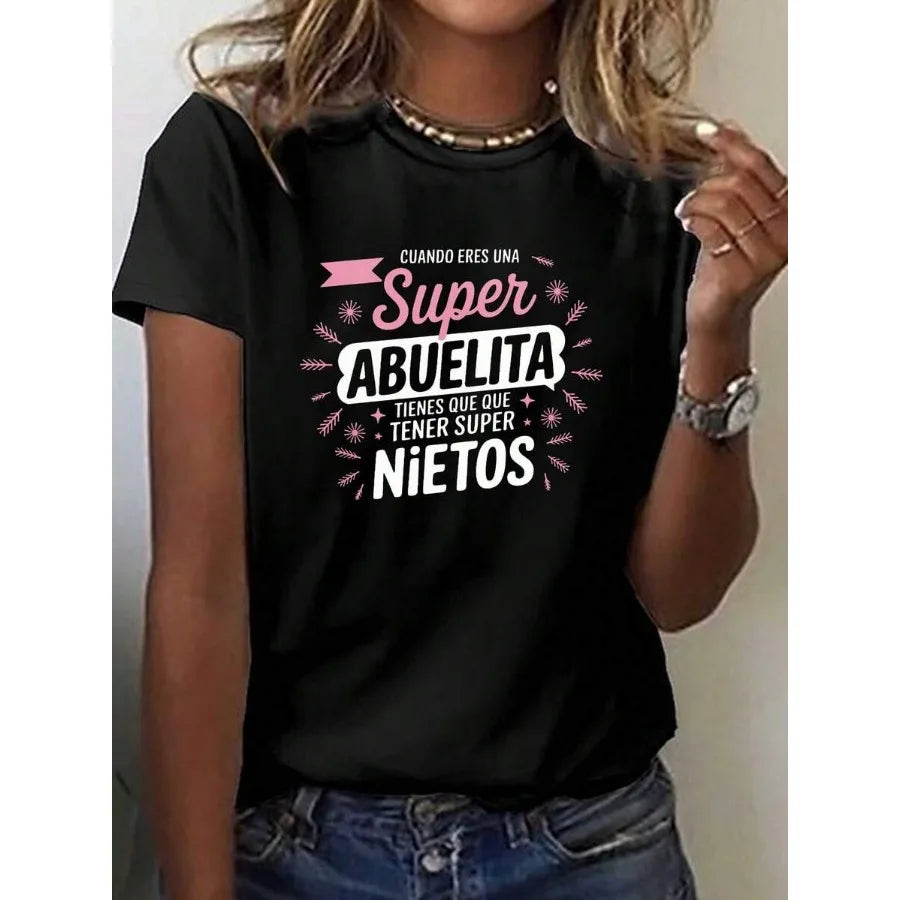 【New style】Women Funny Quote Super Abuelita Graphic T-Shirt Casual Crew Neck Short Sleeve Top For Spring Summer Gray With Pink