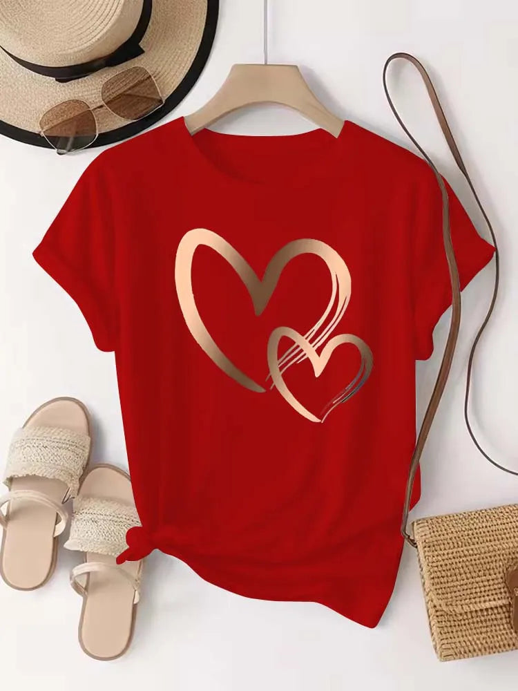 Summer New Fashion Women's Heart Printed T-shirt Trendy Casual Round Neck Top Short Sleeves Women T-shirt Women Clothing