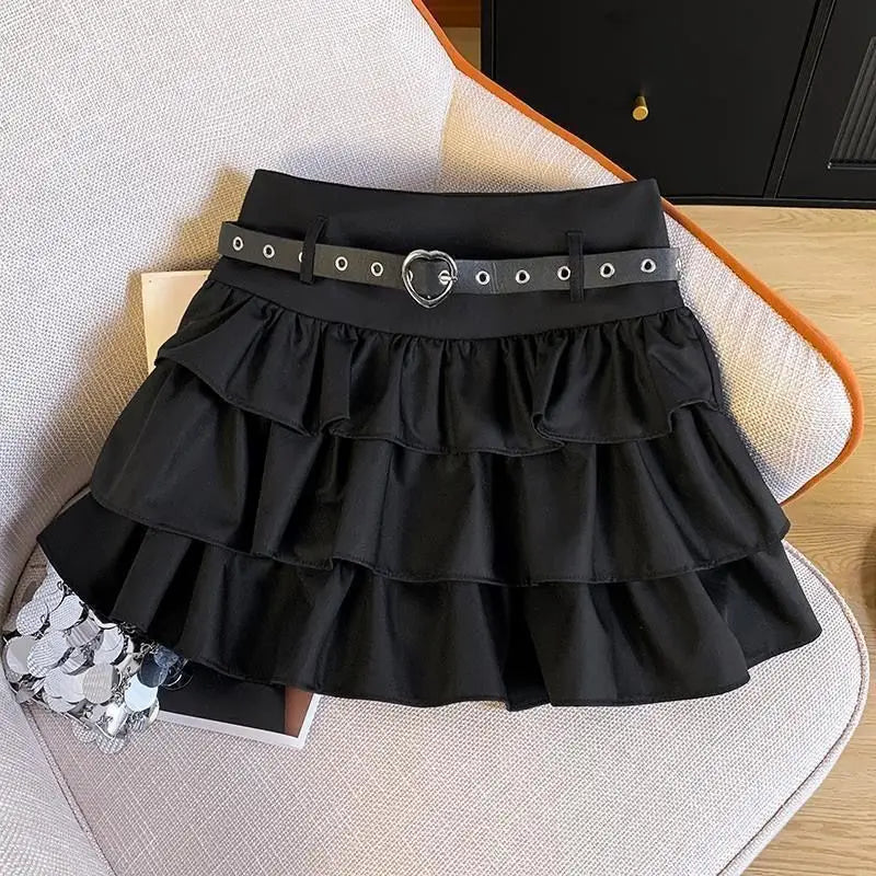Belt Metal Chain Punk Mini Skirts for Women Summer High Waist Pleated Black Cake Skirt Woman Streetwear A Line Short Skirt Mujer