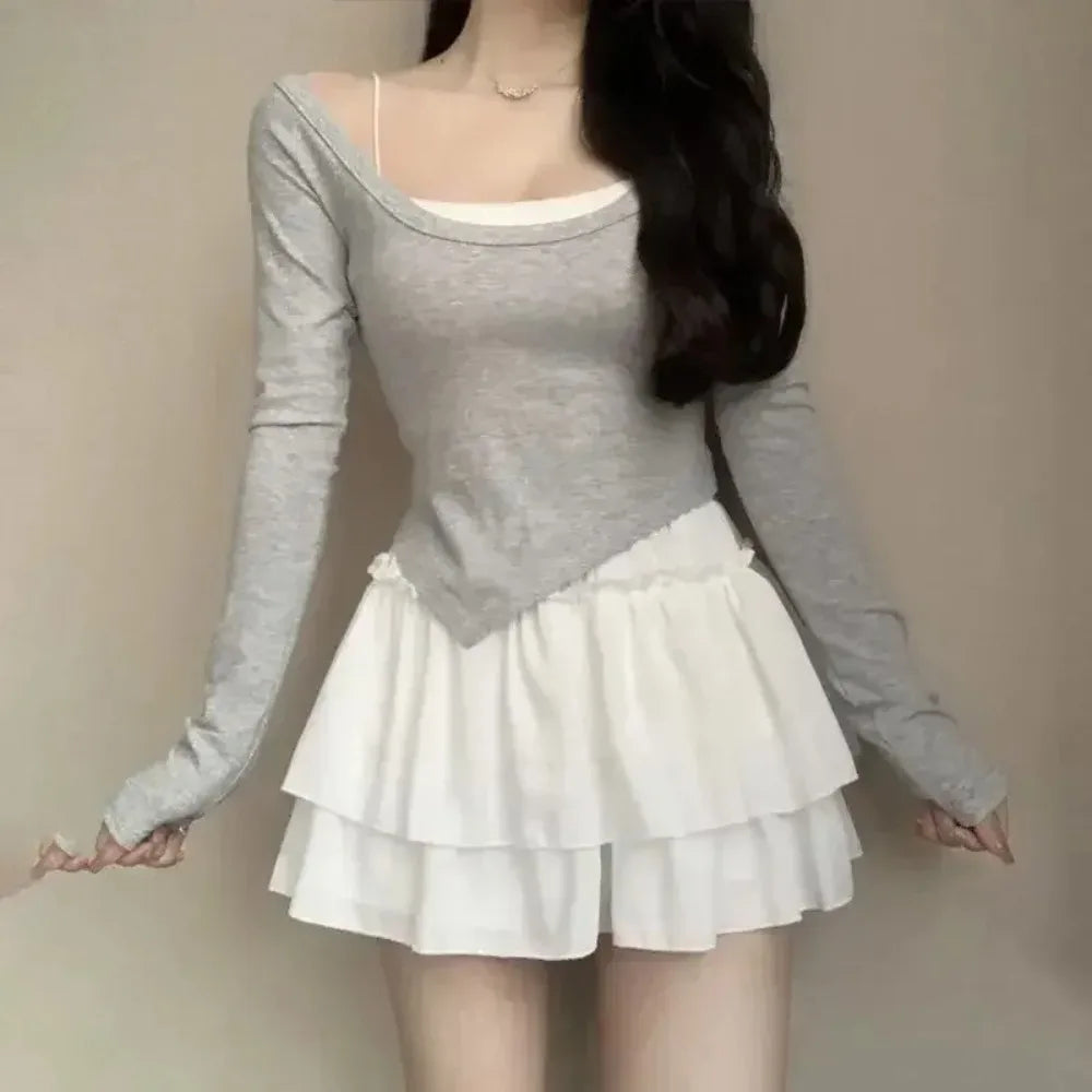 Summer Kawaii Pleated A-Line Skirt for Women White Ruffle Tiered Sweet Style Elastic Waist Summer Slim Korean Harajuku Dress