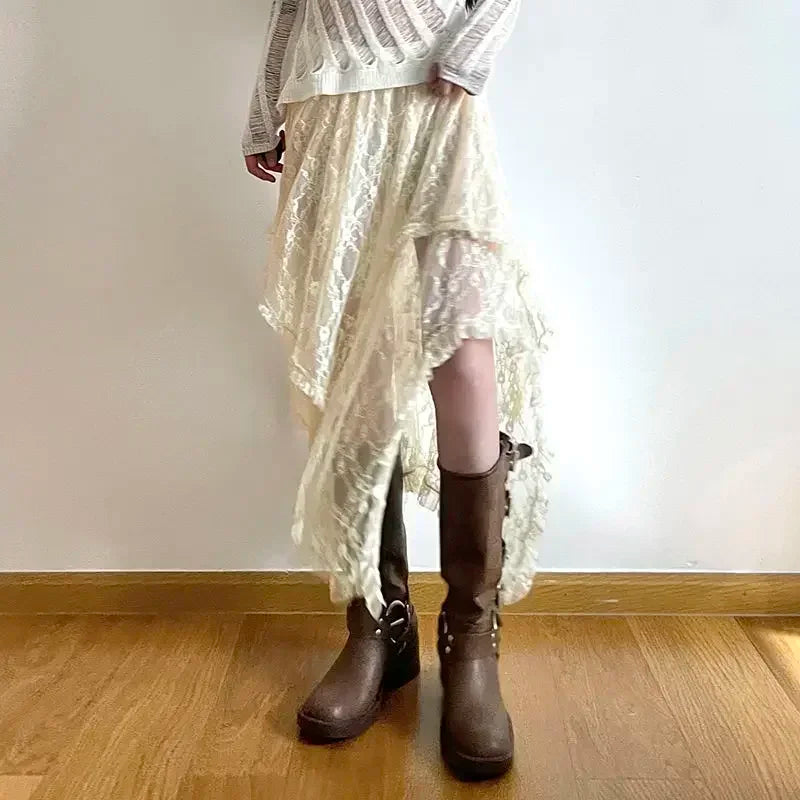 Fairycore Lace Asymmetrical Skirt Women 2026 High Waist Vintage Y2K Boho Aesthetic Midi Skirt Summer Holiday Beach Outfits