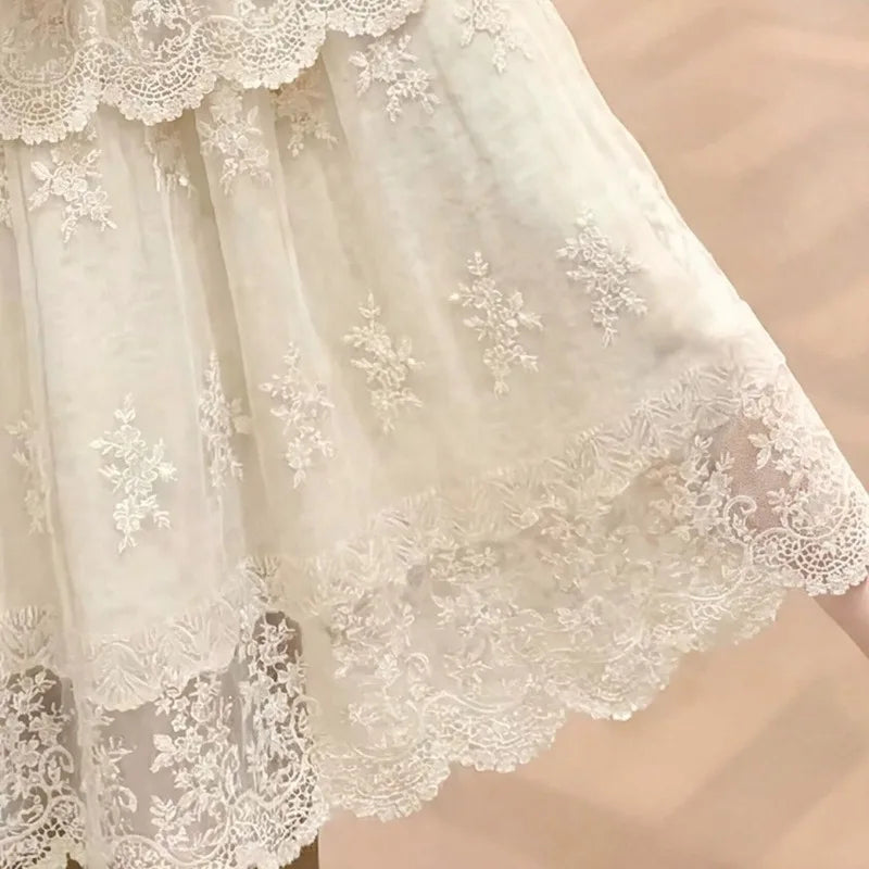 Women's Lace Floral Embroidered Tiered Maxi Skirt Casual High Waist A-line Skirt